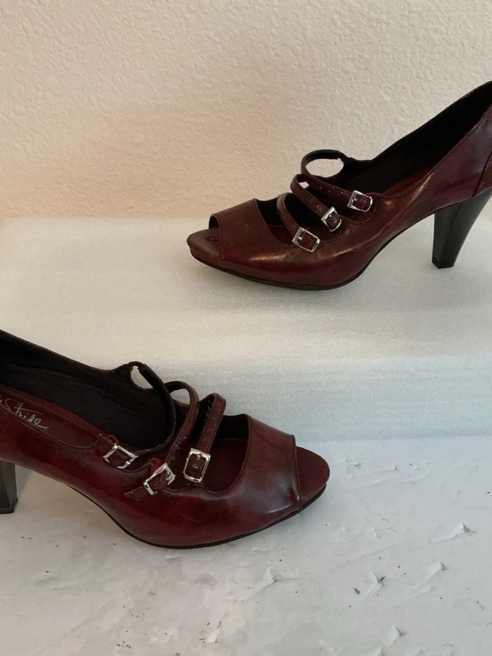 Women's Burgundy Peep-Toe Triple-Strap Heels